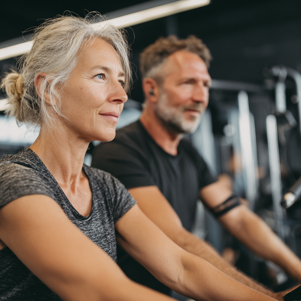 50 years old adults engaged in dynamic fitness training with professional equipment
